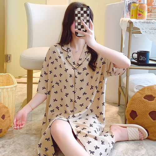 棉绸睡裙夏季薄款开衫家居服宽松大码衬衫裙绵绸睡衣女甜美短袖