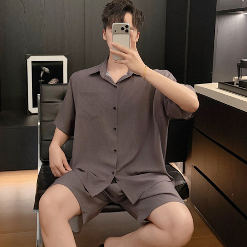 男士棉绸睡衣夏天短袖家居服简约学生可外穿棉绸开扣短裤套装大码