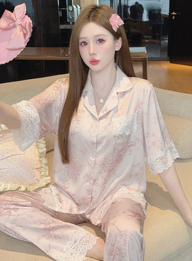丝绸睡衣女薄款夏天开衫短袖性感冰丝家居服带蕾丝可外穿套装