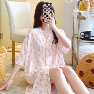 棉绸衬衫裙短袖睡衣女夏天薄款韩版学生睡裙可外穿宽松绵绸家居服
