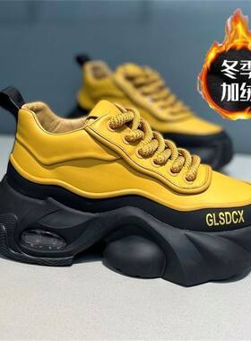网红爆款真皮老爹鞋男2025秋冬季新款加绒保暖舒适厚底运动休闲鞋