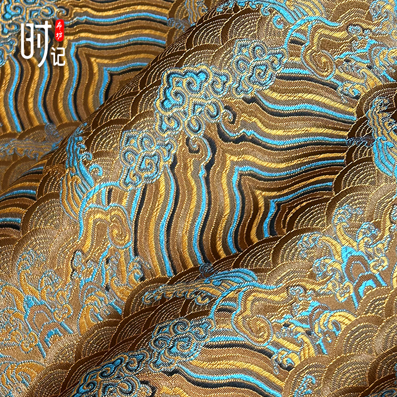 蓝古铜海浪织锦缎提花面料