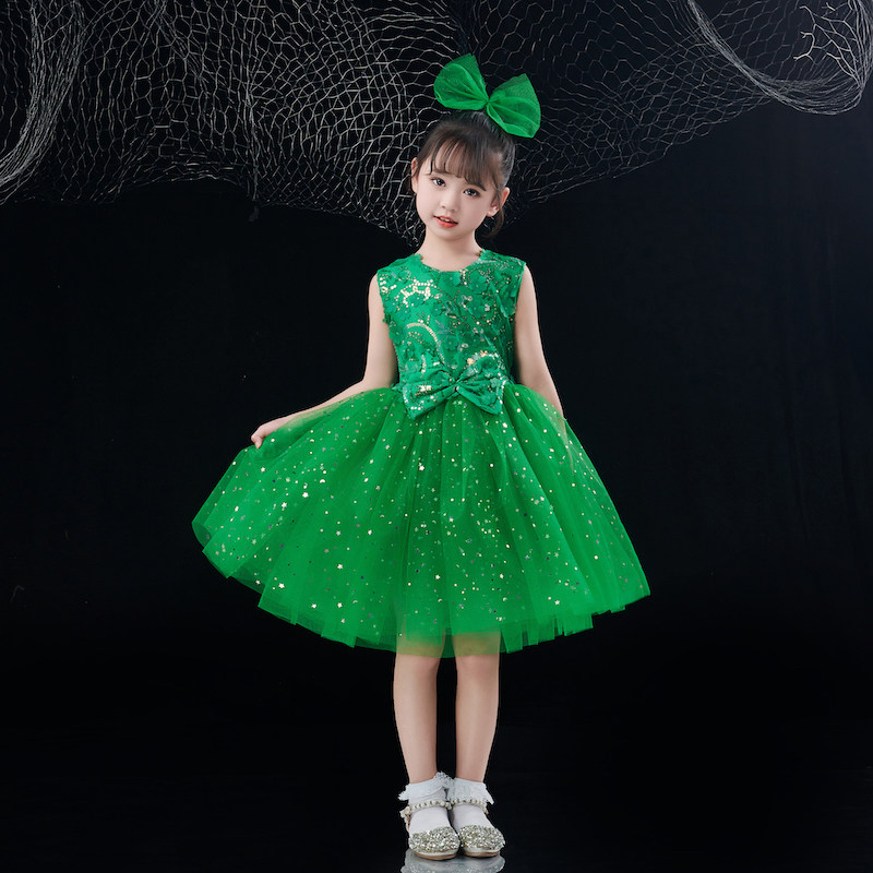 绿色儿童舞蹈演出服女童公主蓬蓬裙子纱裙幼儿小学生大合唱表演服