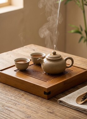 正方形简风 茶盘 茶台 竹茶盘 竹制茶海 茶台储水排水式托盘茶托