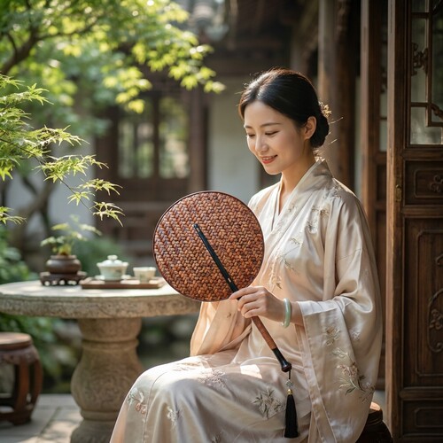 大漆新中式竹编团扇古风刺绣筇竹柄团扇汉服配饰仙气飘逸工艺扇