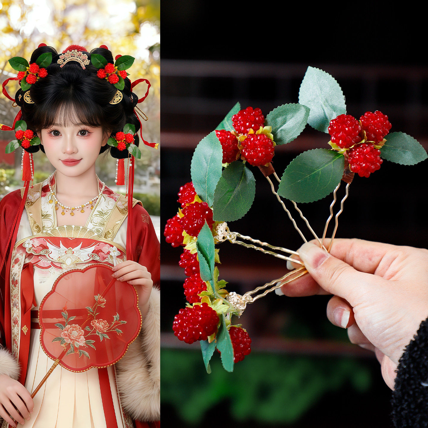 森系新娘仿真树莓果子头饰甜美小众侧边小U钗结婚敬酒服礼服发饰