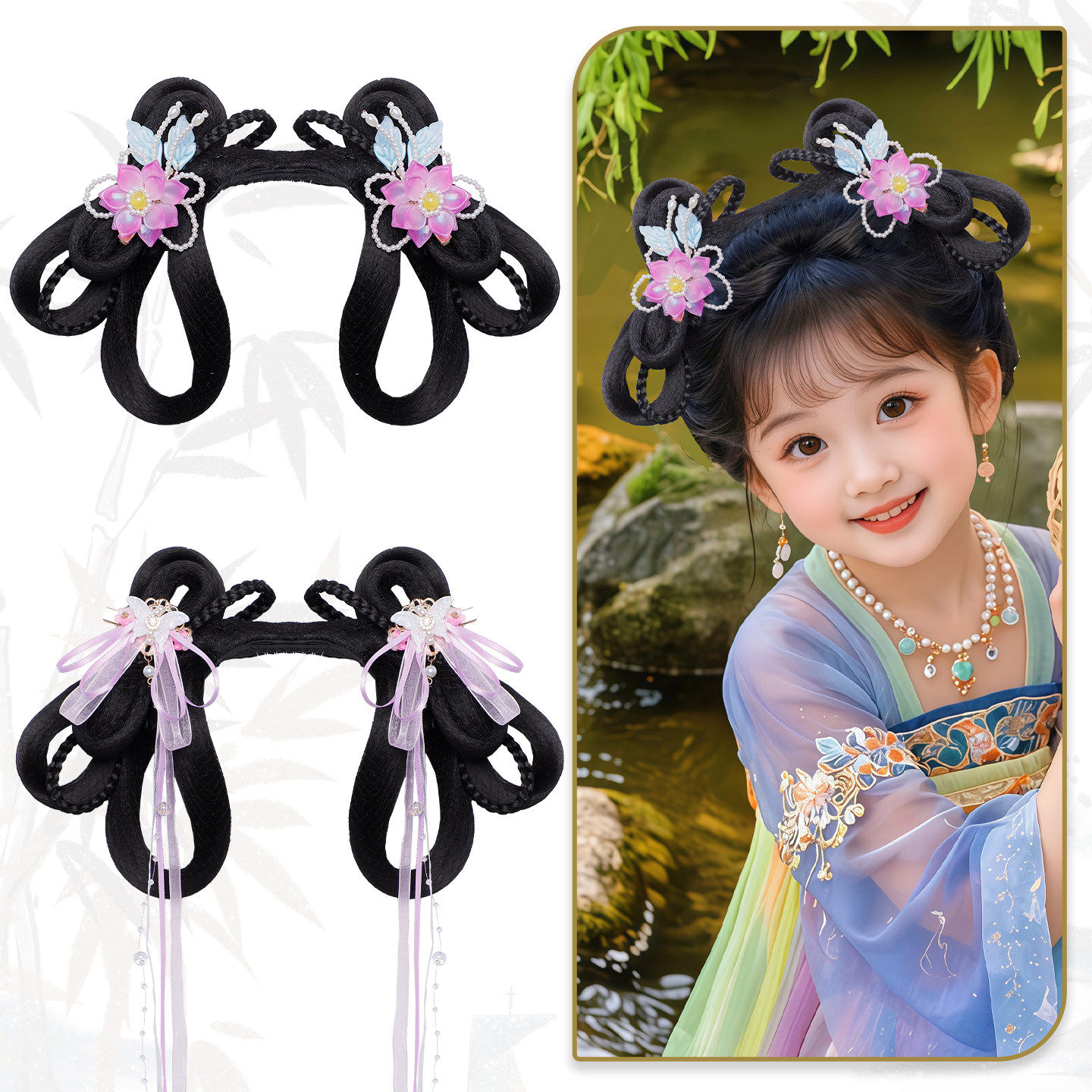 汉服蝴蝶结一体式发包古风盘发发髻儿童古装襦裙写真演出甜美头饰