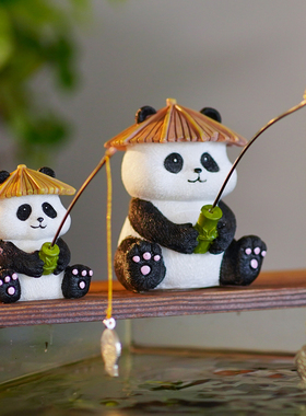鱼缸边造景可爱熊猫钓鱼水族箱悬挂流水鱼池假山户外花园装饰摆件