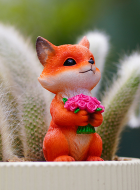 捧花九尾狐花盆造景摆件