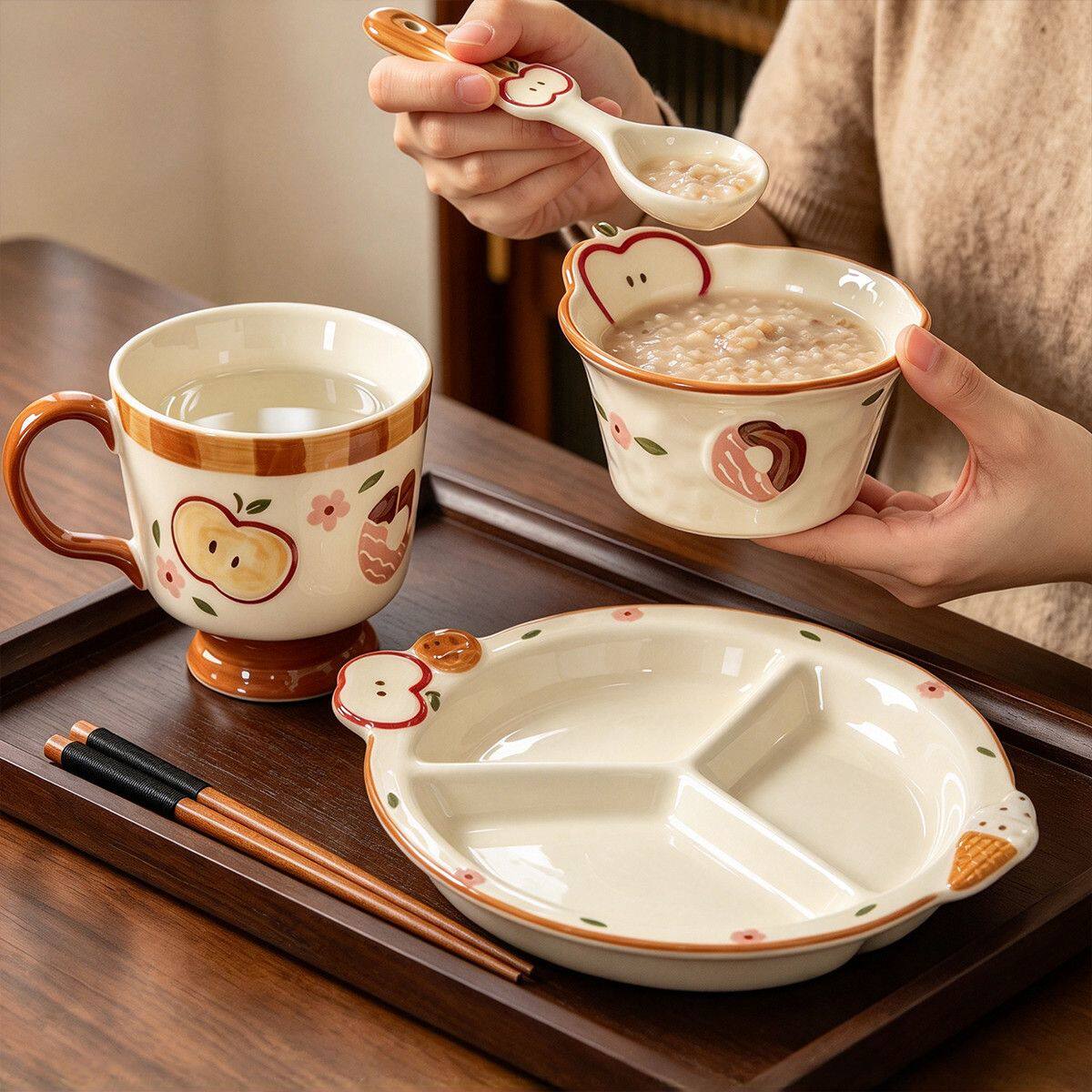 一人食减脂餐盘三分格盘大人减肥儿童三格漂亮分餐盘陶瓷早餐盘子