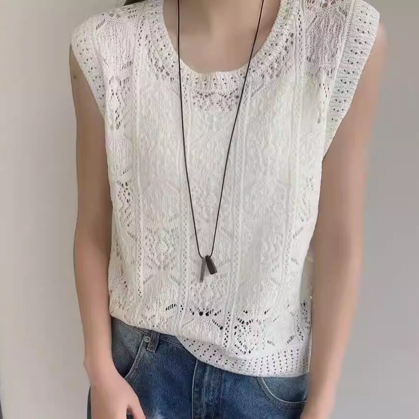 温柔风简约纯色镂空无袖针织背心女2026春夏时尚圆领宽松气质背心