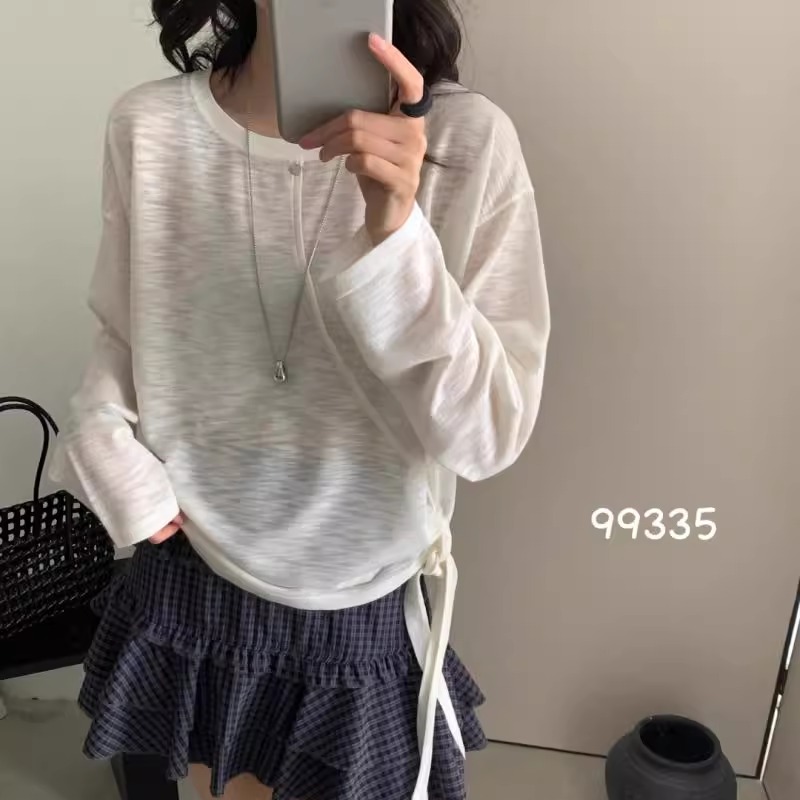 侧边系带薄款针织衫女2025夏季新款纯色宽松长袖防晒外搭圆领上衣