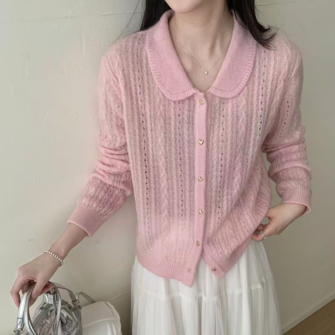 韩系娃娃领麻花镂空小羊驼绒针织开衫2026早春新款减龄百搭上衣女