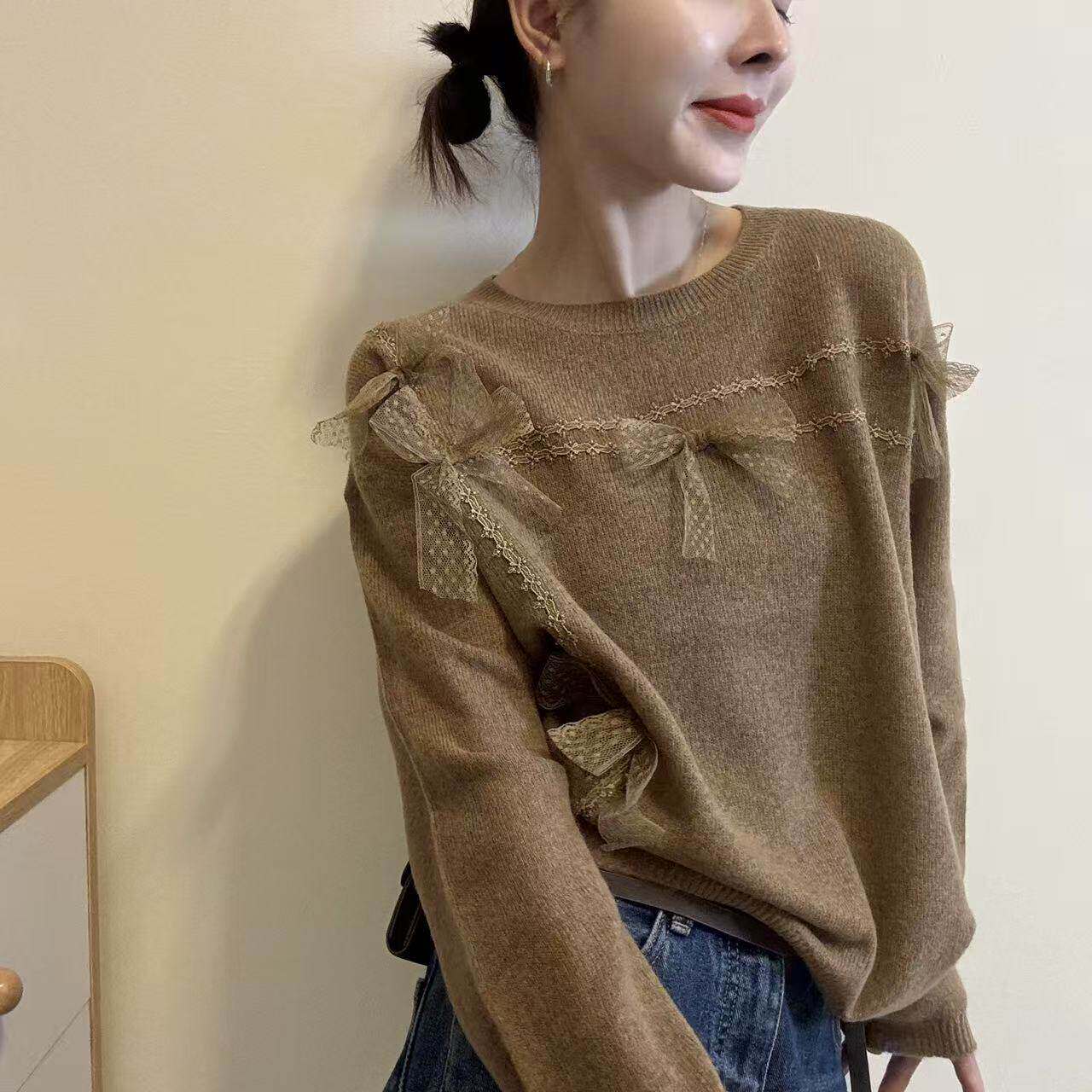 秋季韩系松弛感蝴蝶结针织衫女