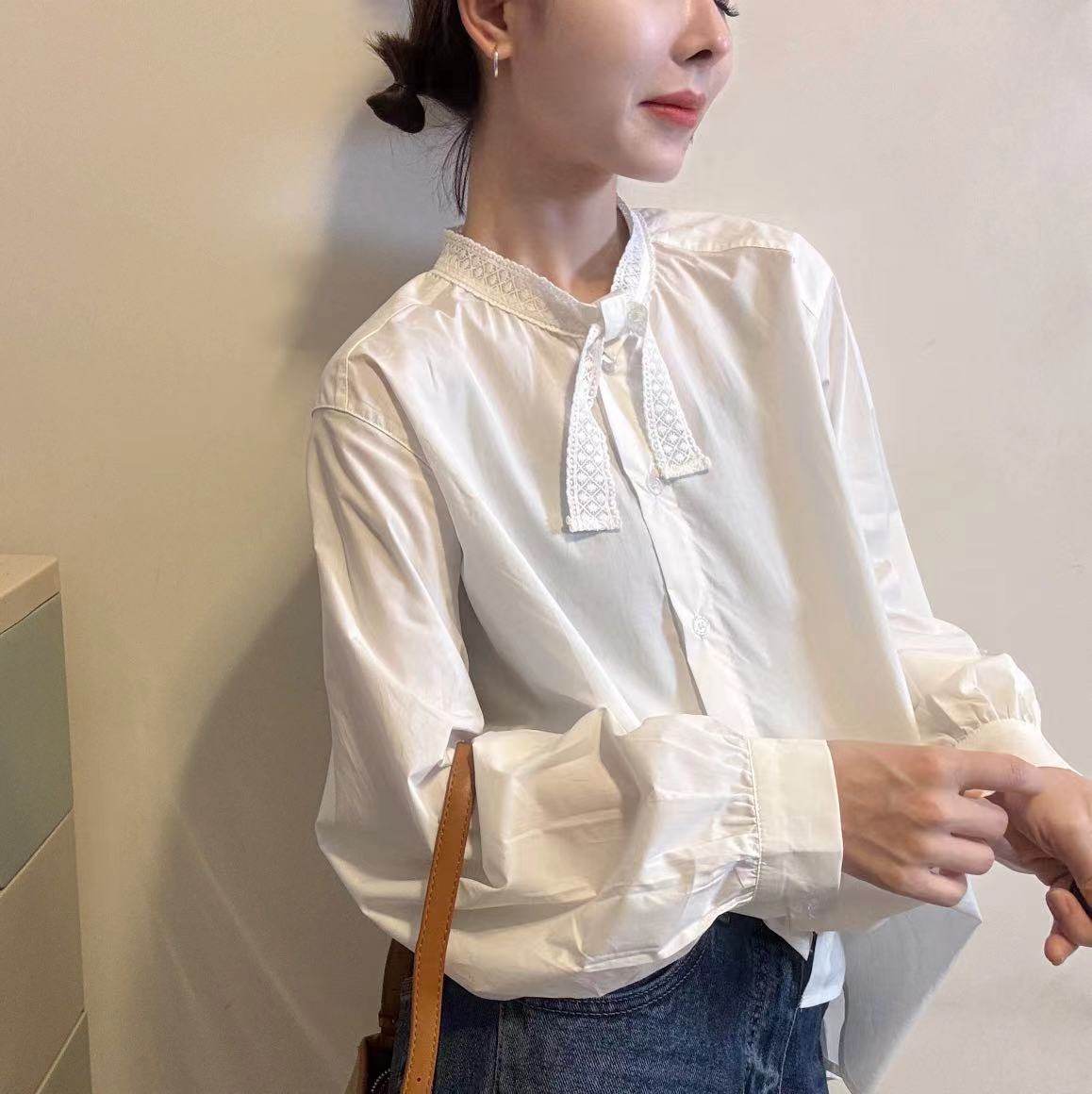纯色蕾丝花边立领长袖衬衫女2025秋冬新款韩版时尚洋气百搭上衣潮