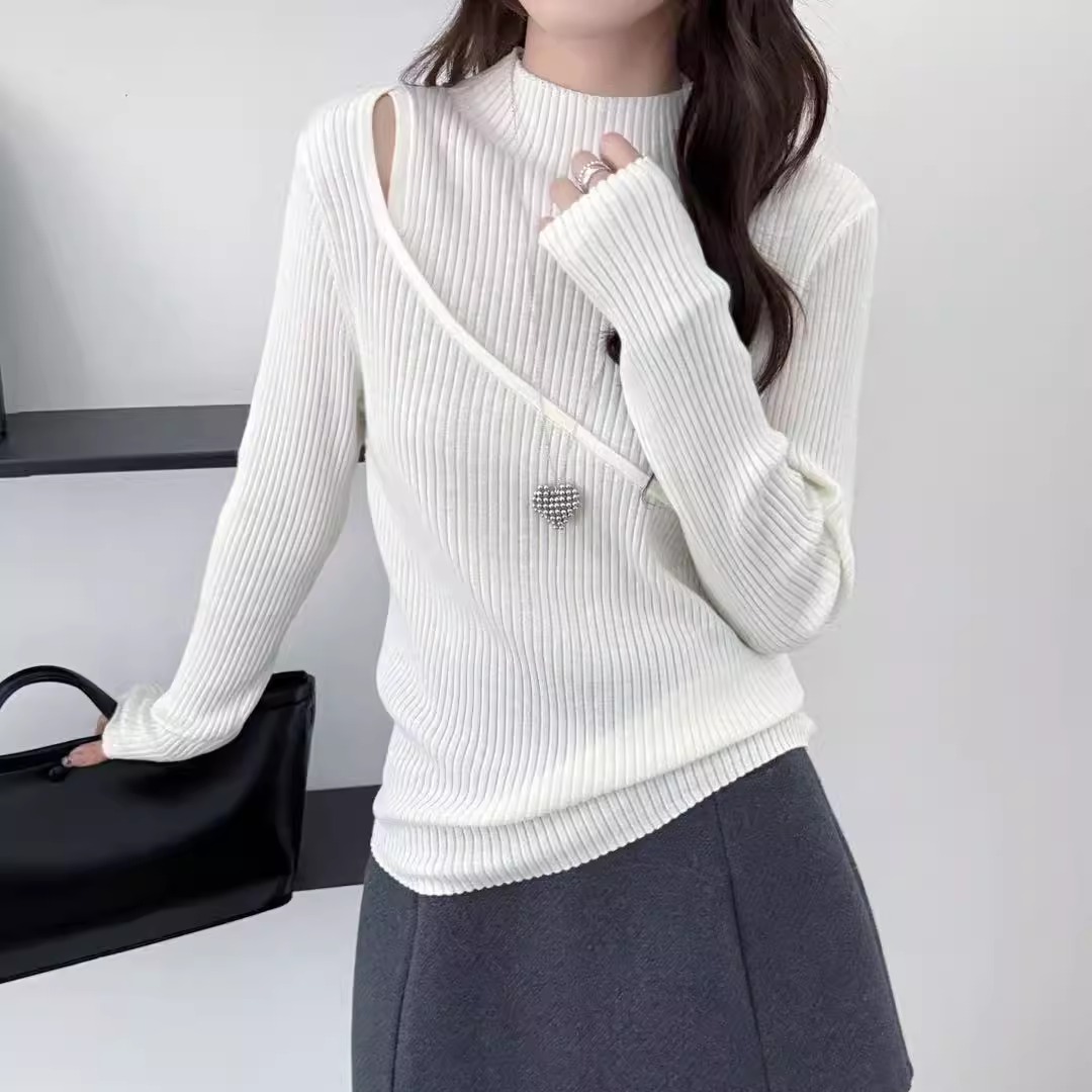 BADX正品纯色半高领镂空针织打底衫女2025冬季时尚气质内搭毛衣潮