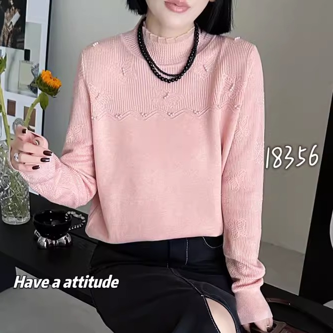 时尚半高领蝴蝶钩花钉珠针织衫