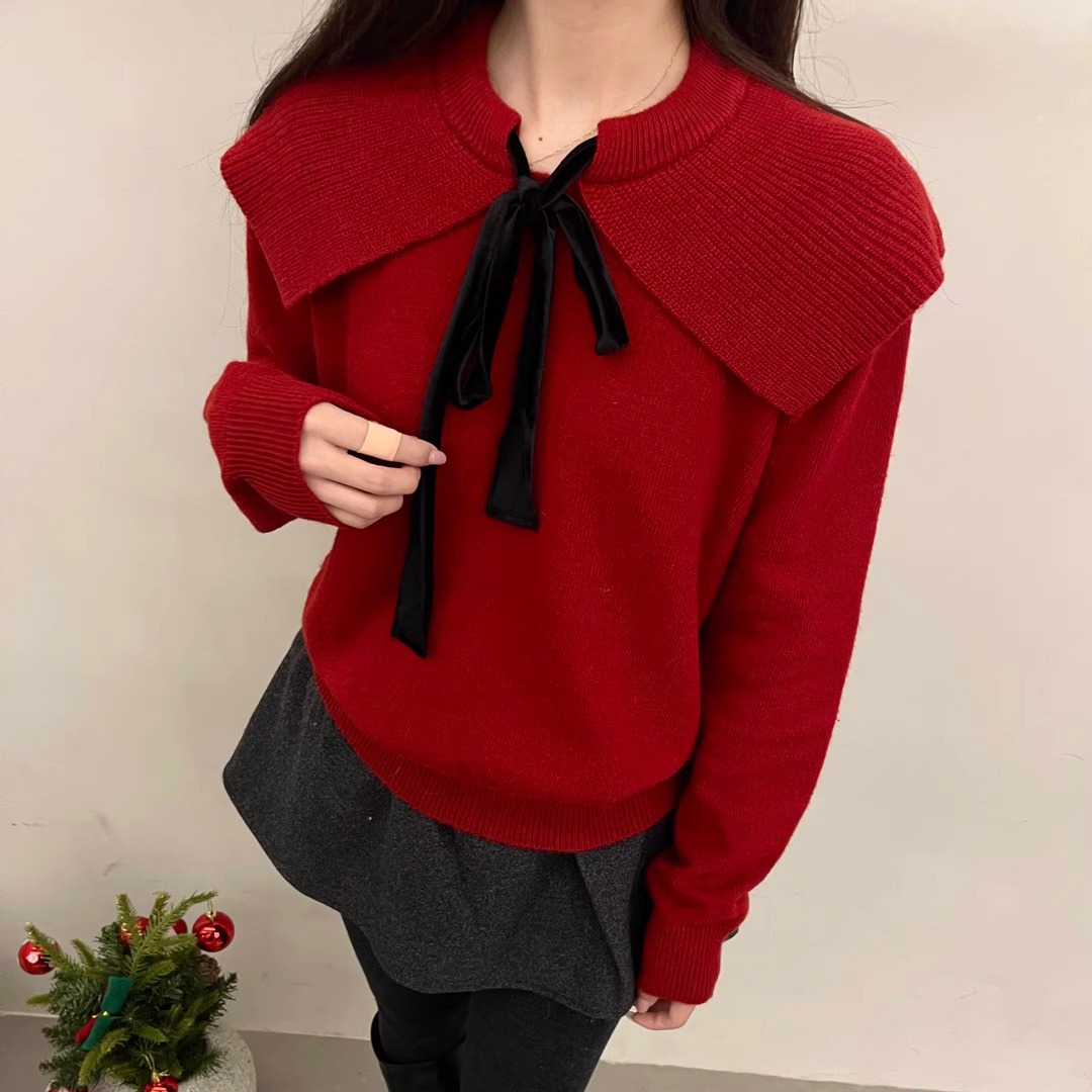 时尚系带蝴蝶结大翻领羊毛针织衫女韩版冬季新款长袖套头减龄毛衣