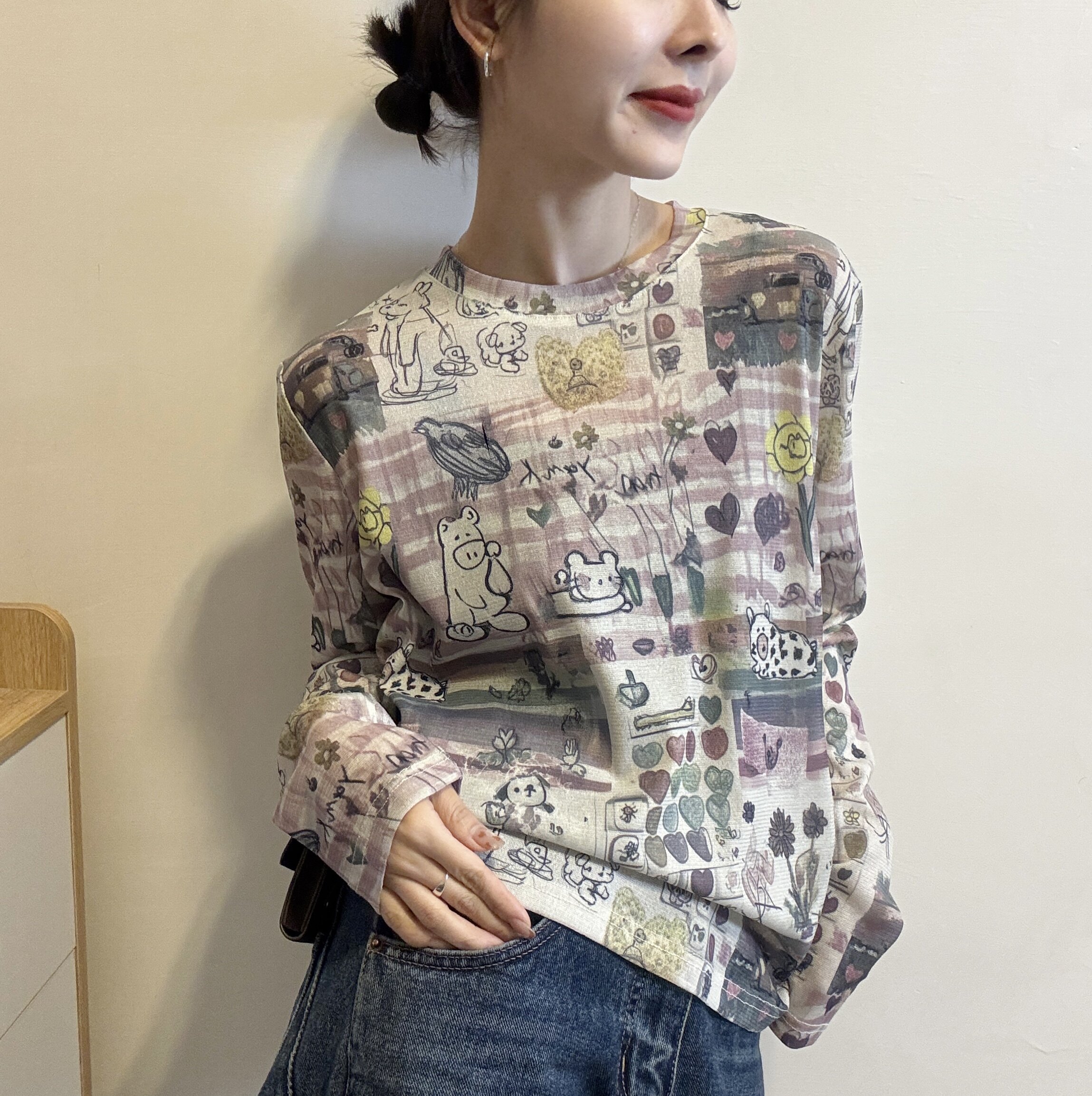 2026春夏新款时尚休闲风卡通印花长袖T恤圆领宽松显瘦简约风上衣