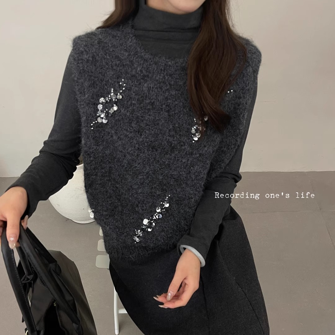 韩版高领长袖磨毛打底衫无袖亮片针织马甲叠穿两件套洋气上衣女装