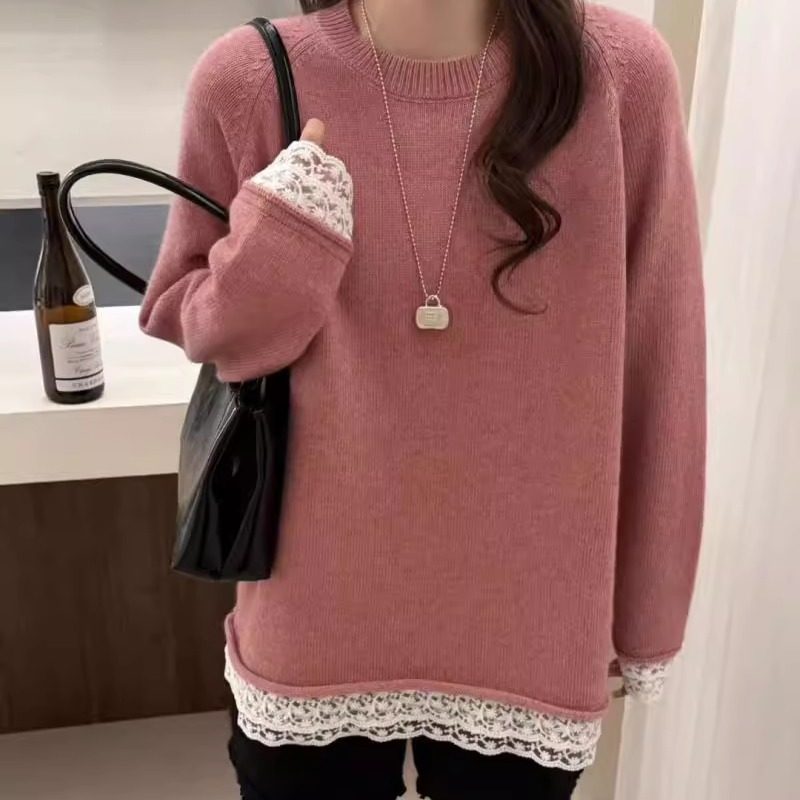 BADX正品蕾丝拼接羊毛兔免毛衣针织衫女2025冬季宽松显瘦百搭上衣