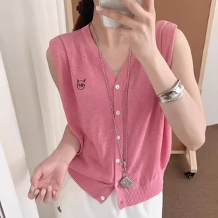 韩系V领单排扣针织无袖 t恤潮 上衣女2025夏季 洋气减龄卡通刺绣开衫