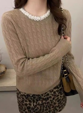2025冬季新款时尚领口重工钉珠麻花纹针织衫韩系圆领绞花宽松上衣