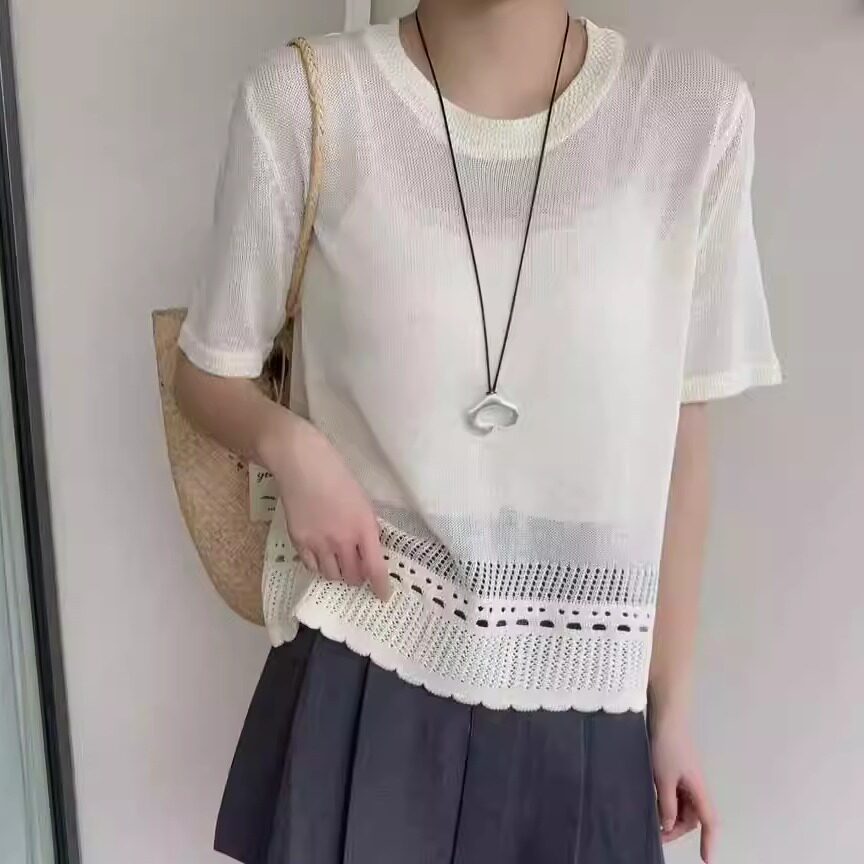 慵懒风简约圆领短袖镂空花边针织衫女夏季纯色宽松显瘦松弛风上衣