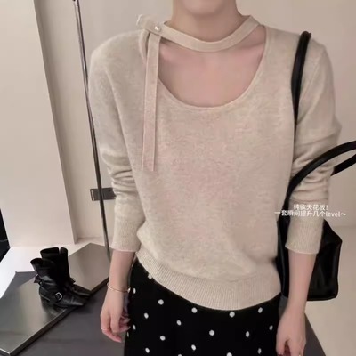 BADX正品羊毛蜜熊绒珍珠扣挂脖设计毛衣女秋季时尚气质百搭针织衫
