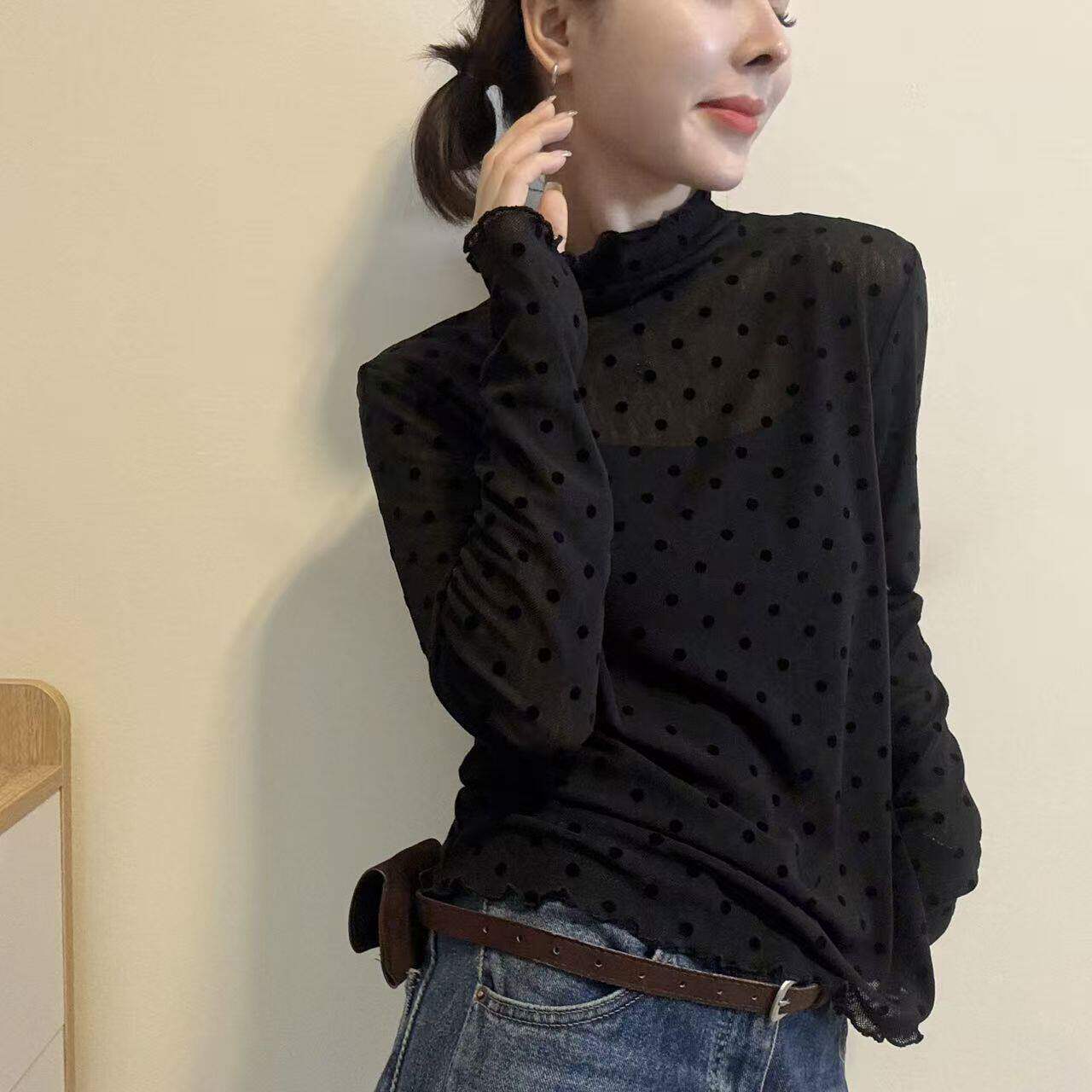 秋冬休闲风黑色波点长袖T恤女木耳边高领修身显瘦百搭气质打底衫