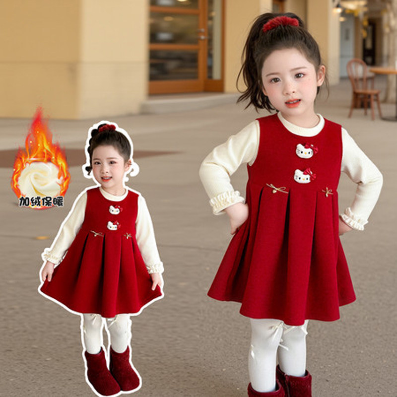 甜美风女童红色连衣裙加绒保暖卡通刺绣公主裙秋冬季拜年服两件套,童装/婴儿装/亲子装,连衣裙,淘宝优惠券,粉丝福利购,淘宝优惠卷