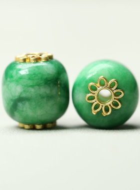 天然干青玉石翡翠飘花桶珠18k镶嵌花托13mm老型珠穿饰手链配饰B27