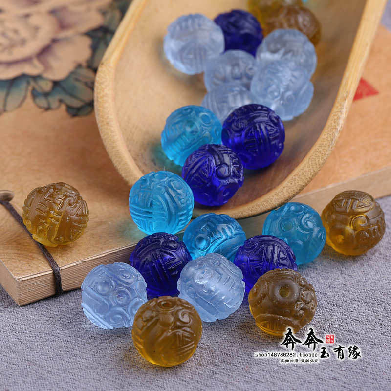团团圆圆.14mm古法琉璃团寿雕花圆珠diy饰品配珠