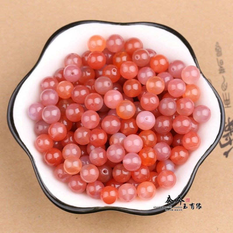 天然南红绯红粉彤色圆珠a货原色玉珠水晶串珠diy饰品项链手链手串