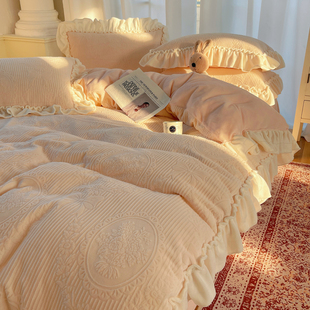 ins少女心A类牛奶绒床上四件套加绒雕花绒花边被套床单三件套冬季