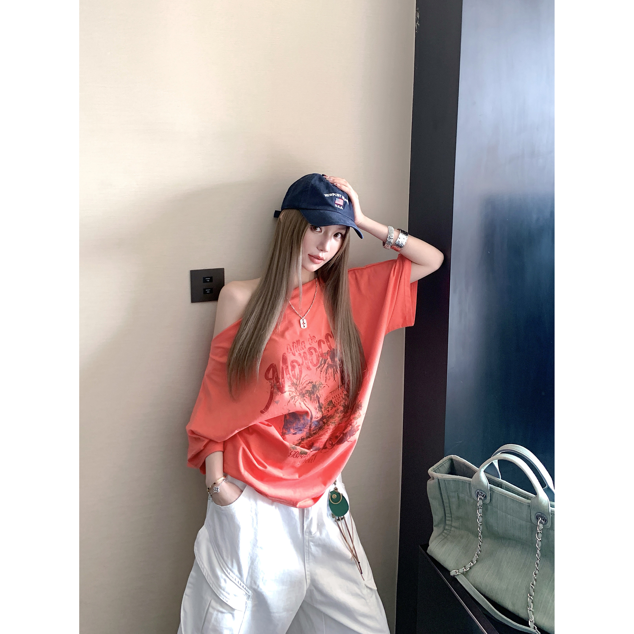 橘色度假休闲辣妹宽松T恤女夏