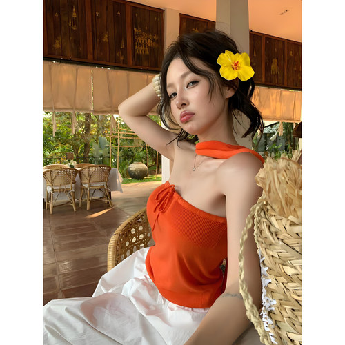 夏日风情 橘色假两件系带针织裹胸吊带背心女辣妹后背设计感上衣