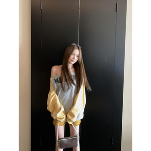 前后两穿假两件拼接斜肩卫衣女春秋美式宽松慵懒风设计感露肩上衣