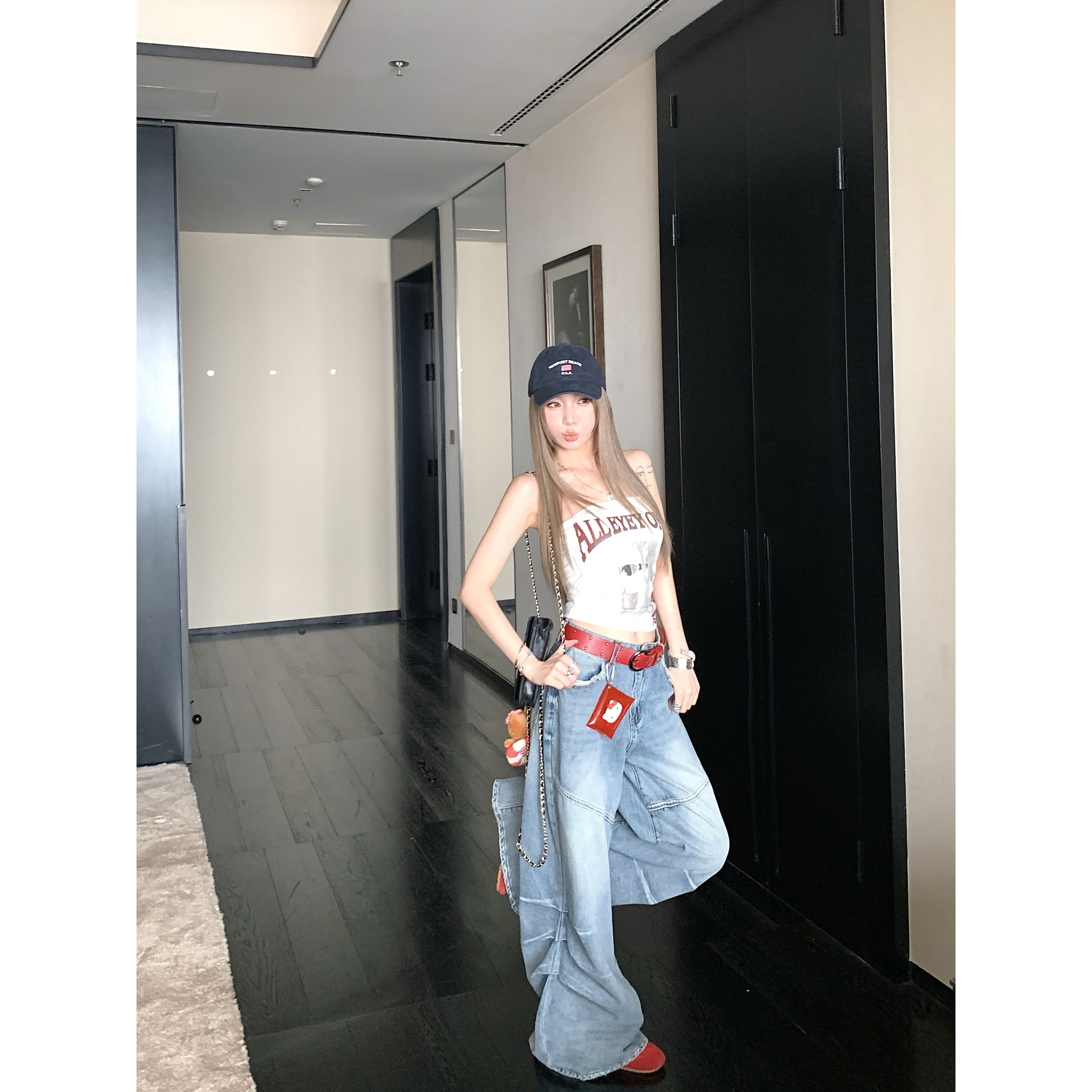 酷感休闲宽松压褶阔腿裤女夏2025