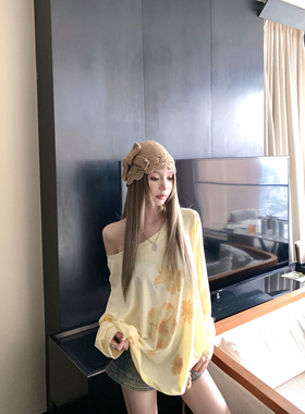 天丝奶酪黄罩衫女斜肩2025两穿宽松慵懒风长袖休闲T恤上衣女秋冬