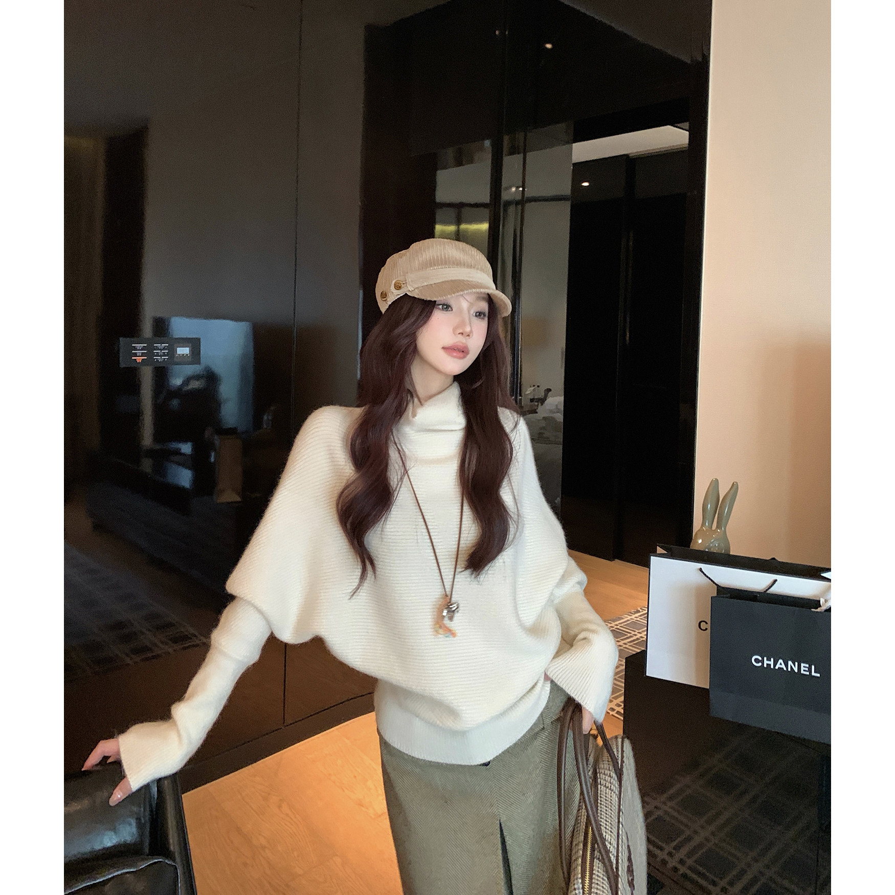 韩女松弛感 蝙蝠袖高领套头毛衣秋2026慵懒高级感显瘦针织衫上衣