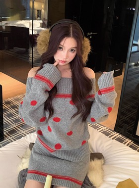 波点漫舞 圣诞氛围撞色波点一字肩毛衣套装女2025套头针织两件套