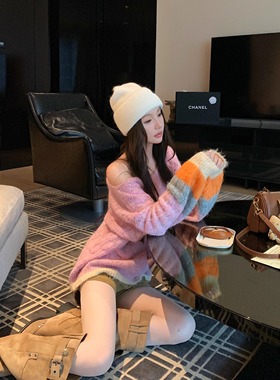 香软妹宝跨年粉色马海毛羊毛慵懒一字肩斜肩绞花毛衣冬氛围感针织