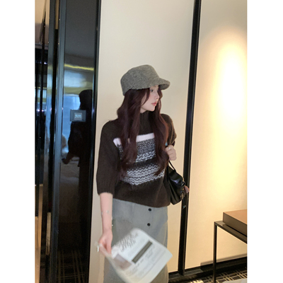 初恋尔岛 费尔岛提花圆领羊毛针织衫女2025秋冬短袖内搭保暖上衣