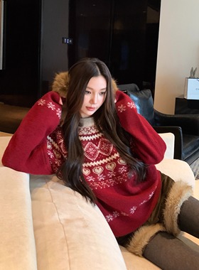 费尔岛情书 新年酒红色重工提花毛衣女冬2025加厚宽松套头针织衫