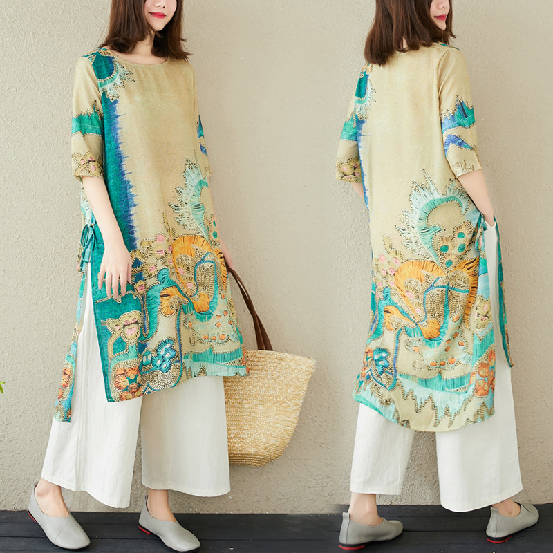 2020夏季棉麻套装裙两件套复古文艺印花开叉连衣裙宽松阔腿裤时尚