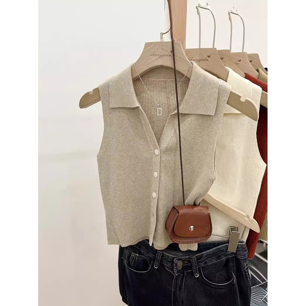 polo翻领薄款修身吊带外穿背心女夏季别致冰丝针织坎肩无袖小上衣