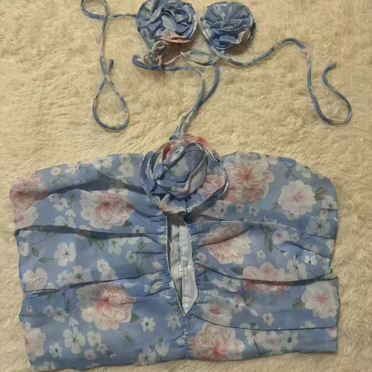 辣妹雪纺印花夏季花朵镂空一字裹胸抹胸吊带法式浪漫花朵挂脖上衣