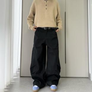 复古廓形百搭牛仔裤 男女美式 弧形解构设计感褶皱弯刀休闲裤 HY711