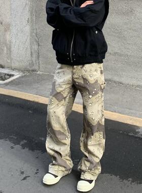 HY711 美式水洗做旧沙漠迷彩伐木工装裤多口袋宽松微喇直筒休闲裤